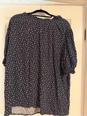Amazon Essentials Navy Blue Floral Peasant Blouse